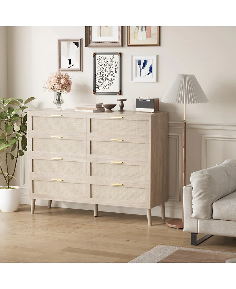 gaomon 8 Drawer Dresser for Bedroom, Rattan Dresser with Metal Handles, Farmhouse Chest of Drawer