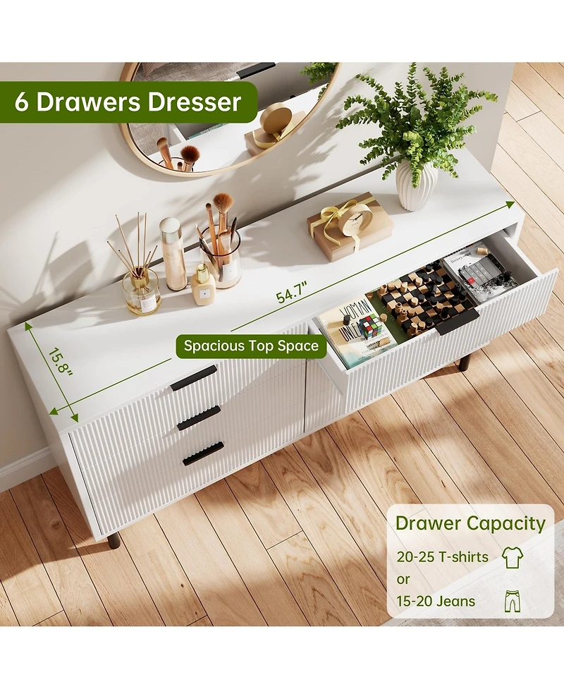 gaomon 6-Drawer Fluted Dresser for Bedroom, Modern Wide Chest of Drawers with Metal Legs Storage Cabinet