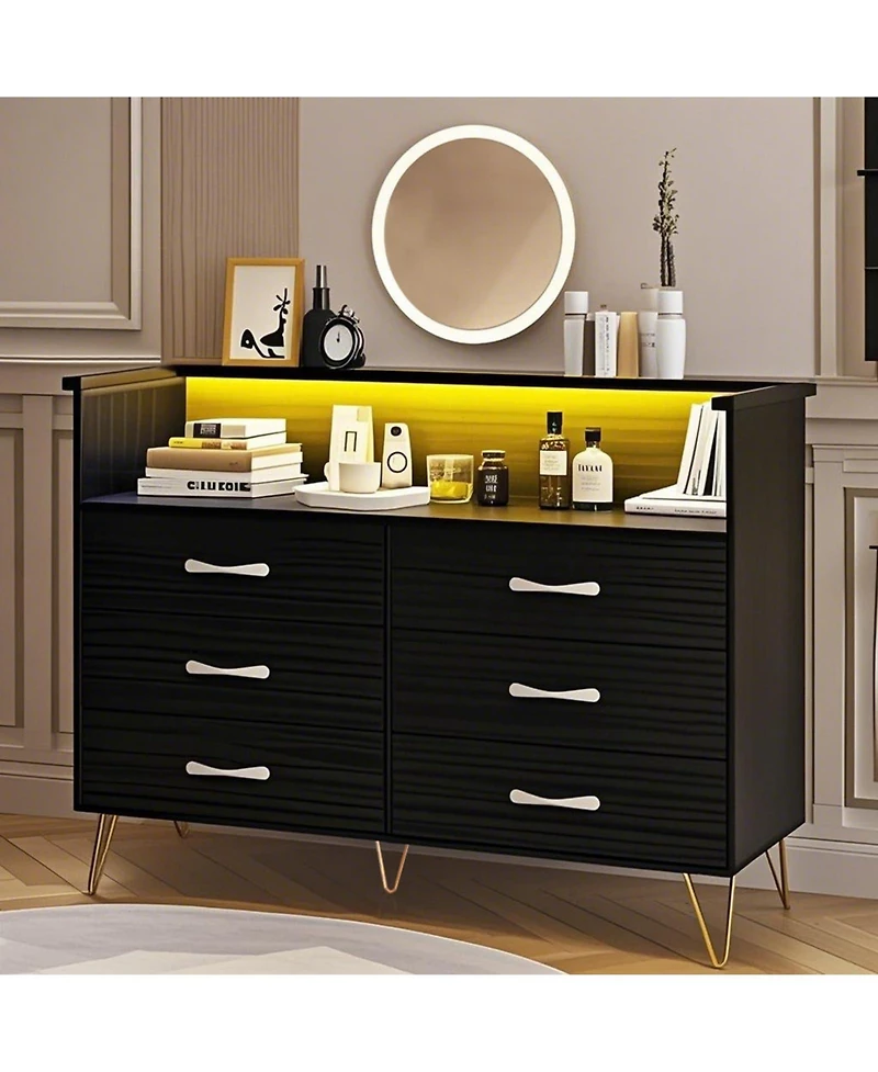 gaomon 6 Drawer Dresser with Led Lights and Charging Station, Wood Storage Chest Steel Frame