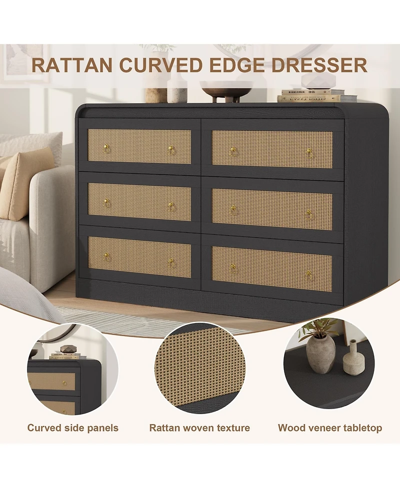 gaomon 6 Drawer Rattan Dresser with Rounded Corners, 46" Wide Modern Wooden Storage Cabinet for Bedroom Living Room