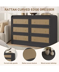 gaomon 6 Drawer Rattan Dresser with Rounded Corners, 46" Wide Modern Wooden Storage Cabinet for Bedroom Living Room