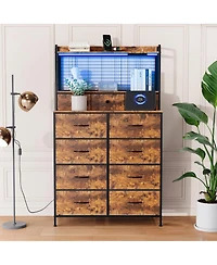 gaomon 11 Drawer Fabric Dresser with Charging Station, Wireless Charger and Rgb Led Lights Storage Organizer
