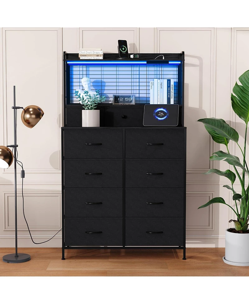 gaomon 11 Drawer Fabric Dresser with Charging Station, Wireless Charger and Rgb Led Lights Storage Organizer