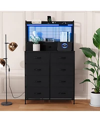 gaomon 11 Drawer Fabric Dresser with Charging Station, Wireless Charger and Rgb Led Lights Storage Organizer