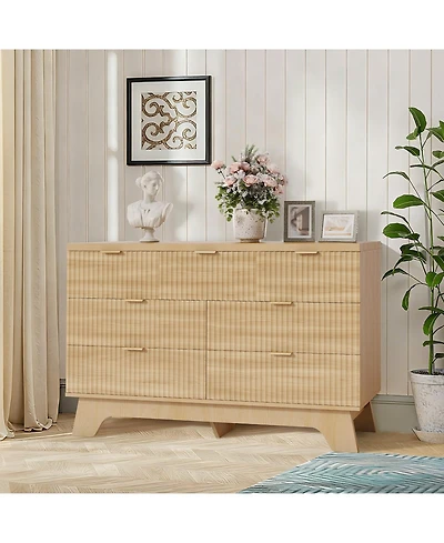 gaomon 47" Mid-Century Fluted 7 Drawer Dresser with Gold Handles, Wood Storage Chest