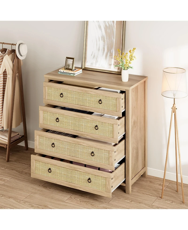 gaomon Rattan 4 Drawer Dresser, 37" Tall Wooden Storage Chest for Bedroom Living Room Hallway