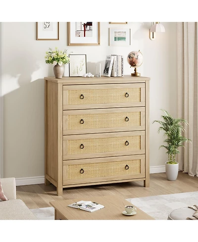 gaomon Rattan 4 Drawer Dresser, 37" Tall Wooden Storage Chest for Bedroom Living Room Hallway