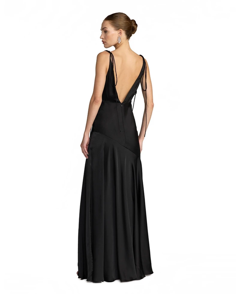 Mac Duggal Women's Charmeuse Cowl Neck Tie Strap Maxi Gown