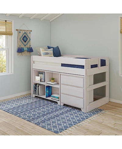Max & Lily Modern Farmhouse Low Loft Bed, Twin Bed Frame for Kids with 3-Drawer Dresser and 4-Shelf Bookcase