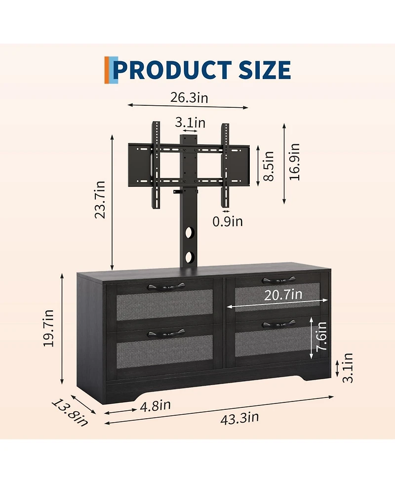 gaomon Rattan TV Stand with Mount for Tvs up to 70", Farmhouse Media Console 4 Drawers and Adjustable Bracket