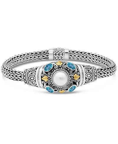 Devata Swiss Topaz, Freshwater Cultured Pearl and Filigree with Dragon Bone Chain Bracelet Sterling Silver 18K Gold Accents