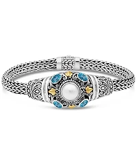 Devata Swiss Topaz, Freshwater Cultured Pearl and Filigree with Dragon Bone Chain Bracelet Sterling Silver 18K Gold Accents