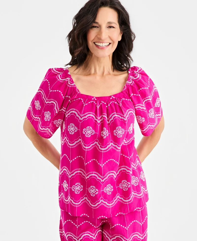 Style & Co Women's Cotton Embroidered Square-Neck Top, Macy's Exclusive