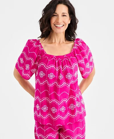 Style & Co Women's Cotton Embroidered Square-Neck Top, Macy's Exclusive