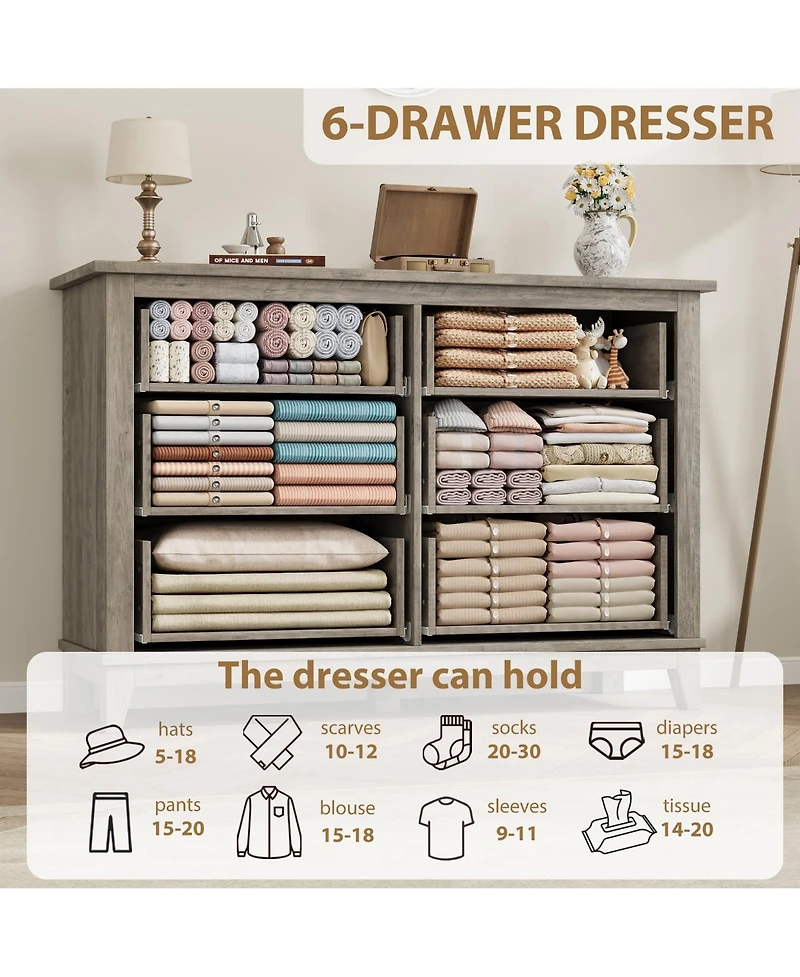 gaomon 6 Drawer Dresser for Bedroom, 47" Wide Wooden Storage Chest, Freestanding Closet Organizer