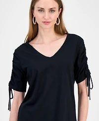 I.n.c. International Concepts Women's Ruched-Sleeve V-Neck Cotton T-Shirt, Macy's Exclusive