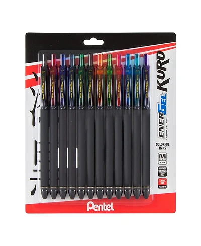 Pentel EnerGel Kuro Liquid Gel Pen, (0.7mm) Medium line, Assorted Ink 12-pk