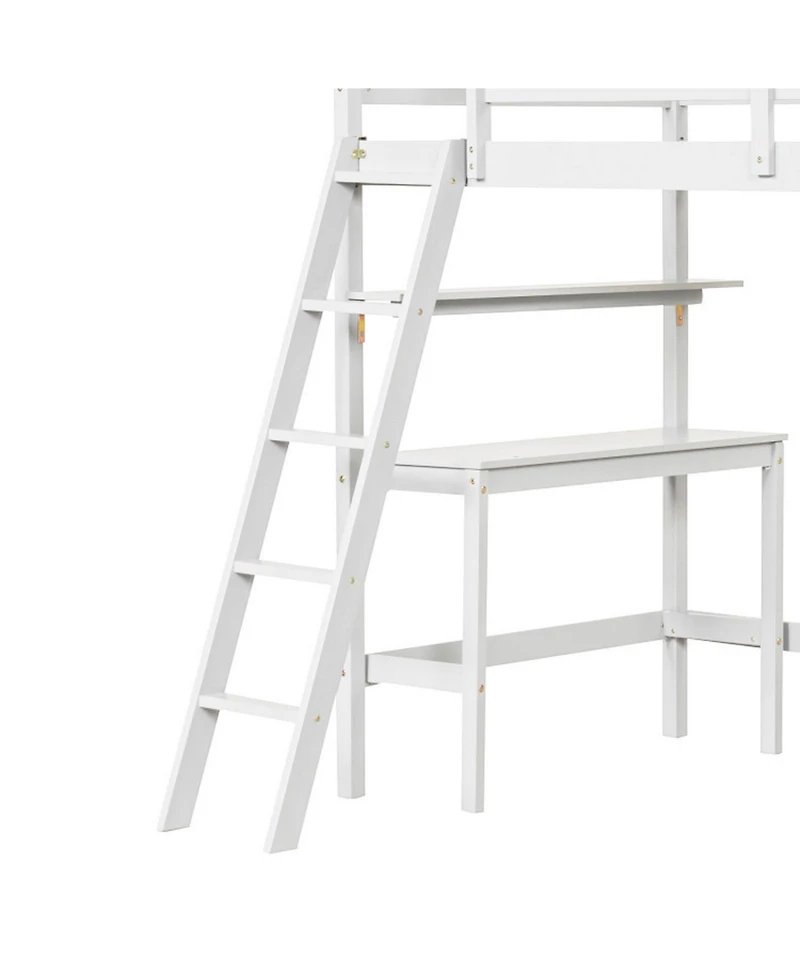 Gouun Twin Size Wood Loft Bed with Study Desk, Multi-Tier Bookshelves and Ladder