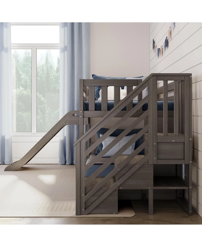 Max and Lily Twin Over Low Bunk Bed with Slide Stairs, Solid Wood Kids Platform Guardrails