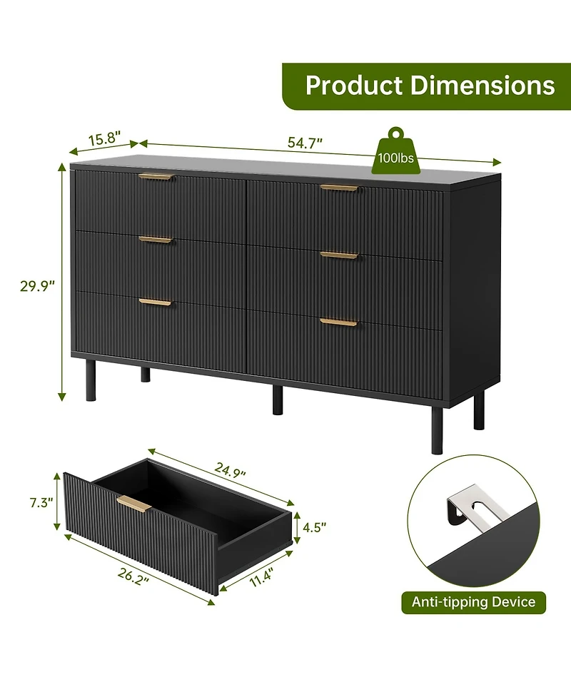 gaomon Wave Fluted 6 Drawer Modern Dresser with Metal Legs and Handles, Wood Storage Chest for Bedroom