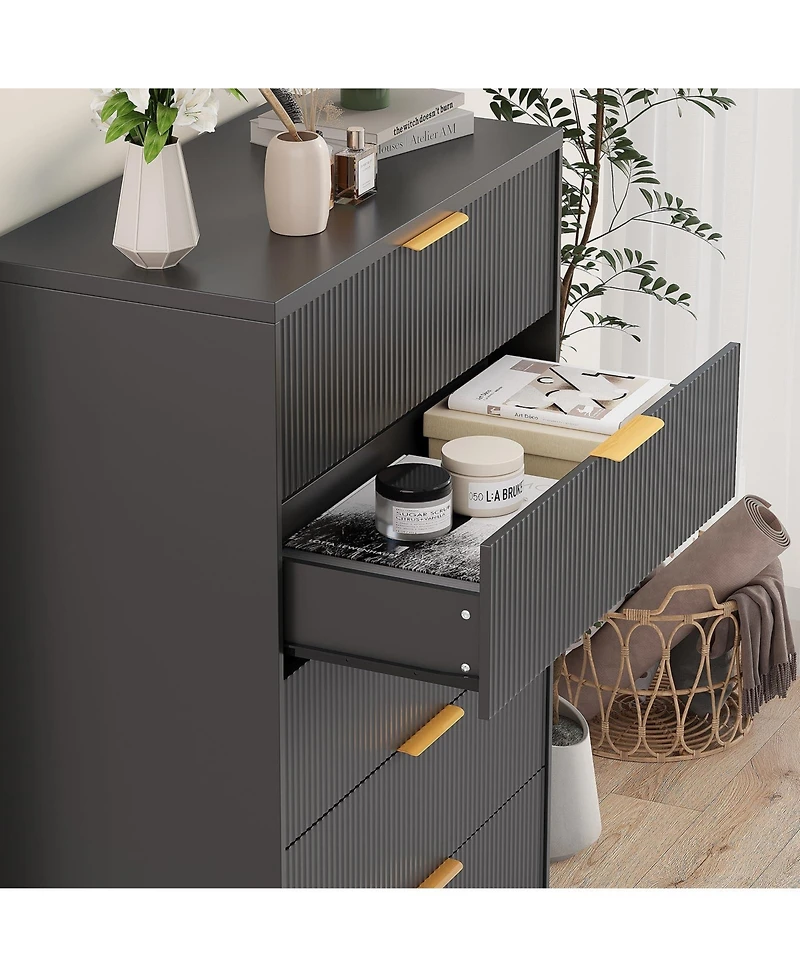 gaomon Fluted 5 Drawer Dresser for Bedroom, 47" Tall Wood Chest with Gold Handles Storage Cabinet