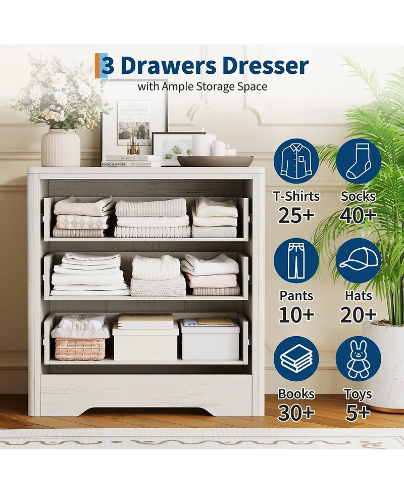 gaomon 30.4" Tall 3 Drawer Wood Dresser with Decorative Fronts and Crystal Knobs, Bedroom Storage Chest