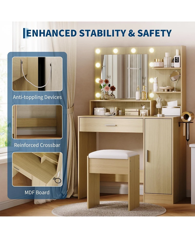 Homfan Modern Vanity Desk with Mirror Led Lights, Power Outlet, Storage Shelf, Hairdryer Rack, Adjustable Lighting, Cushioned Stool for Bedroom