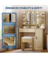 Homfan Modern Vanity Desk with Mirror Led Lights, Power Outlet, Storage Shelf, Hairdryer Rack, Adjustable Lighting, Cushioned Stool for Bedroom