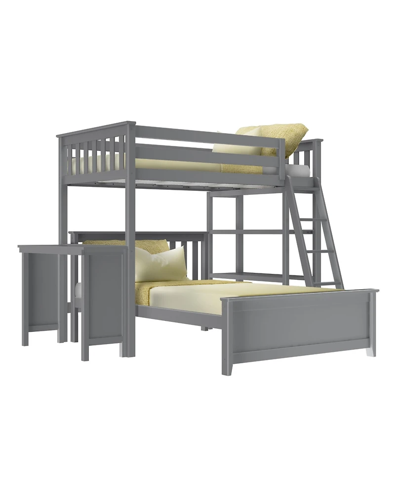 Max and Lily L-Shaped Twin over Full Bunk Bed with Bookcase Desk, Clay