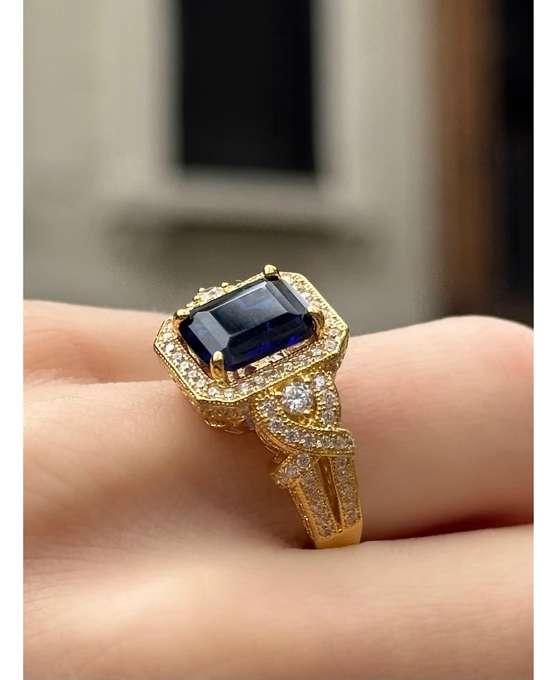 Suzy Levian Yellow Sterling Silver Emerald-Cut and White Cubic Zirconia Pave Ring