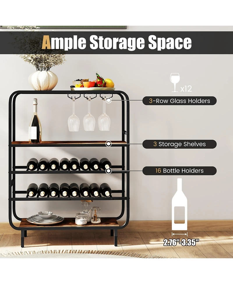 Slickblue 16 Bottle Wine Rack with 5 Tier Shelf and Glass Holder Storage