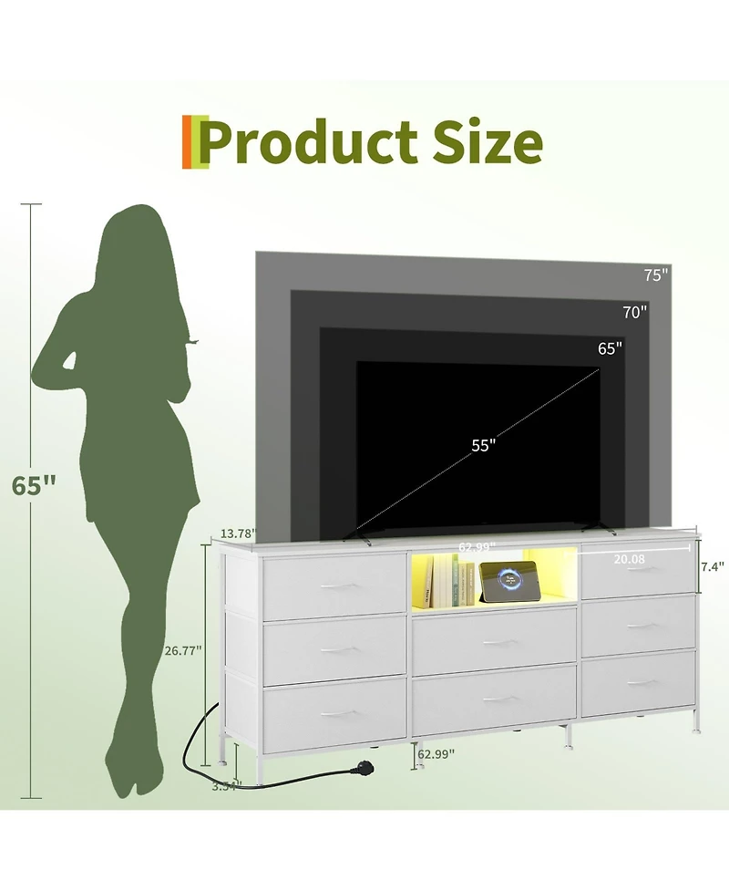 gaomon Led Tv Stand Dresser with 8 Fabric Drawers for TVs , Media Console Steel Frame Storage