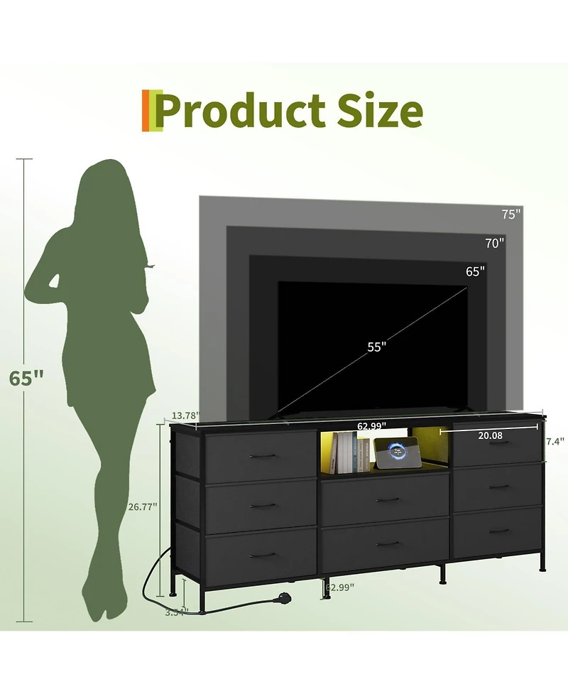 gaomon Led Tv Stand Dresser with 8 Fabric Drawers for TVs , Media Console Steel Frame Storage