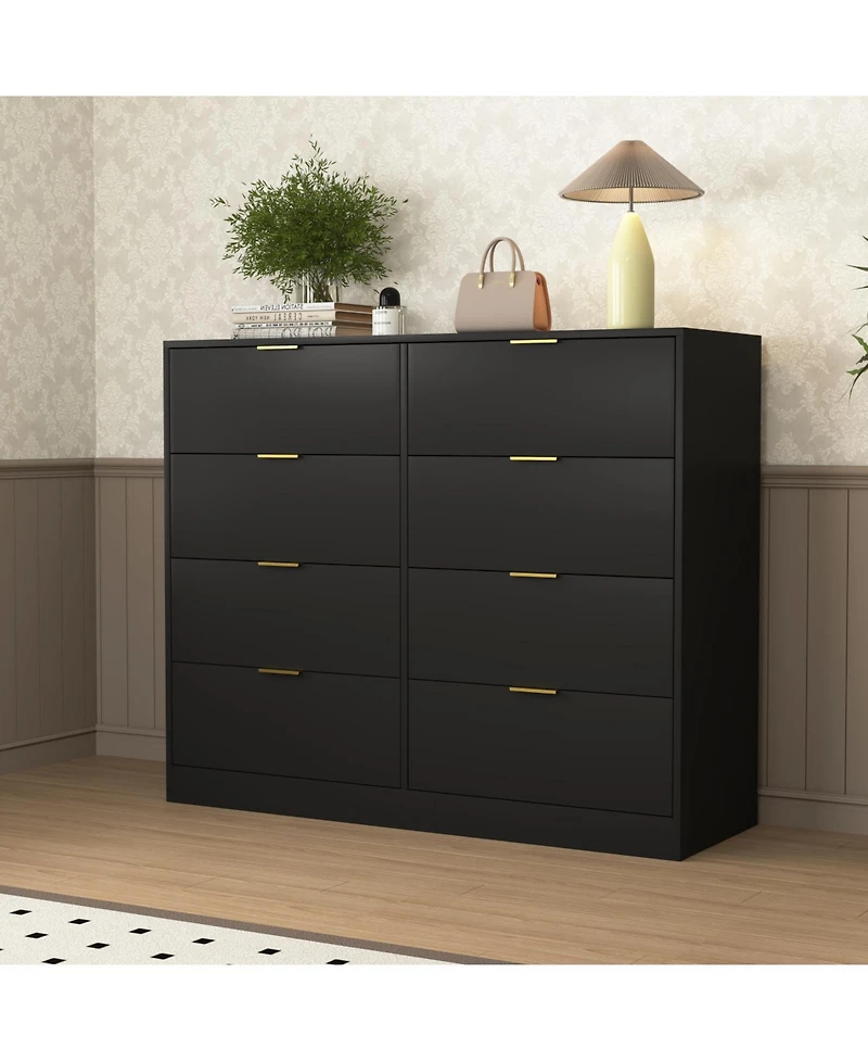 Rainsken 8 Drawer Dresser for Bedroom, Modern Tall Deep Dresser, with Gold Handle, Wood Storage Organize, Bedroom Living Room