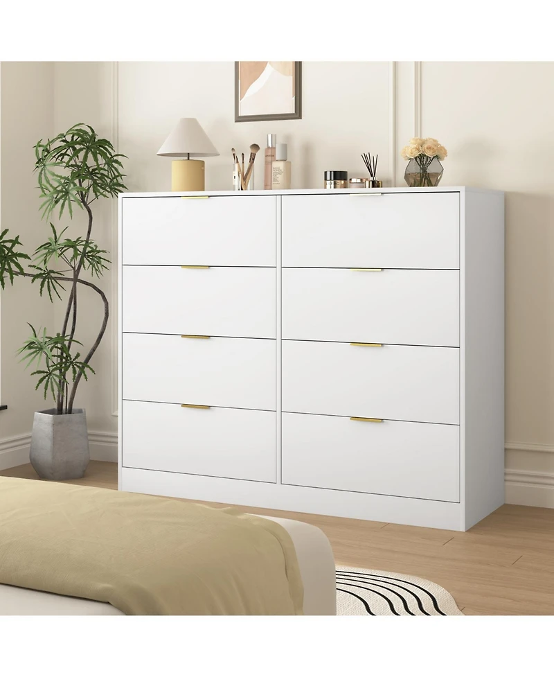 Rainsken 8 Drawer Dresser for Bedroom, Modern Tall Deep Dresser, with Gold Handle, Wood Storage Organize, Bedroom Living Room