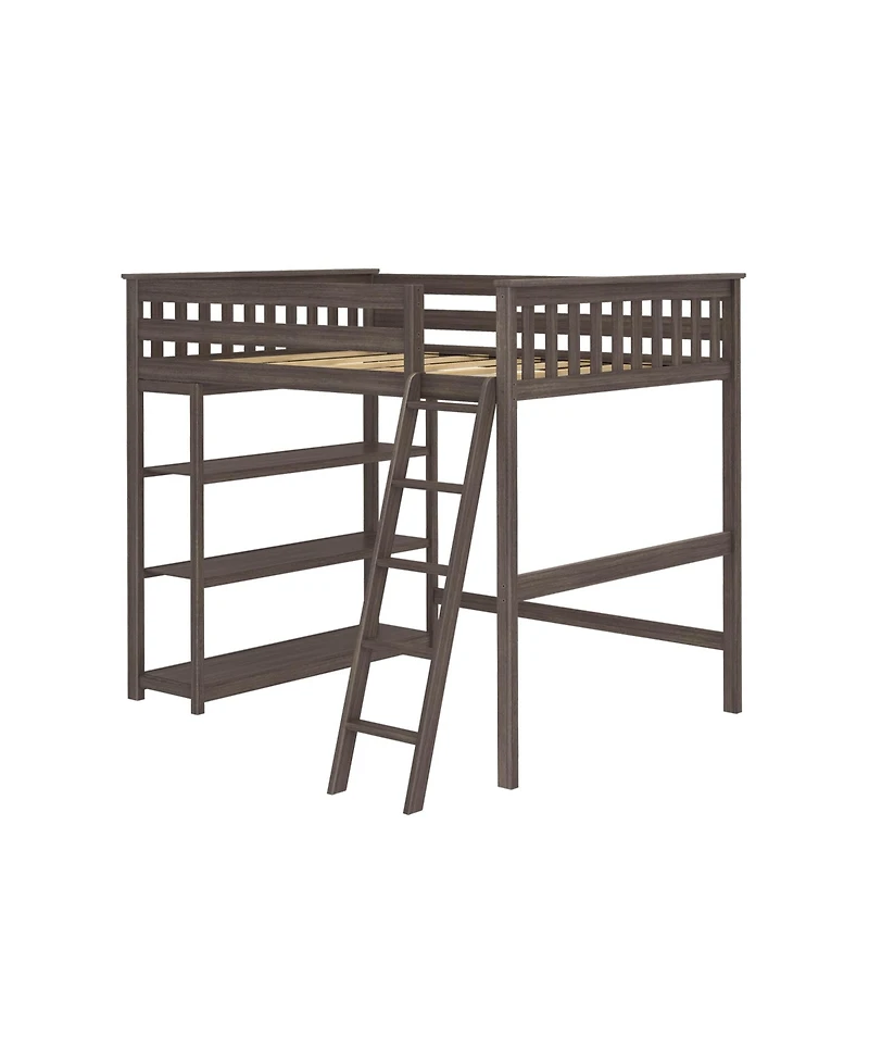 Max & Lily Full High Loft Bed with Ladder and Bookcase, Solid Wood Frame, Space Saving, 400 lbs Weight Capacity, Easy Assembly, Pecan