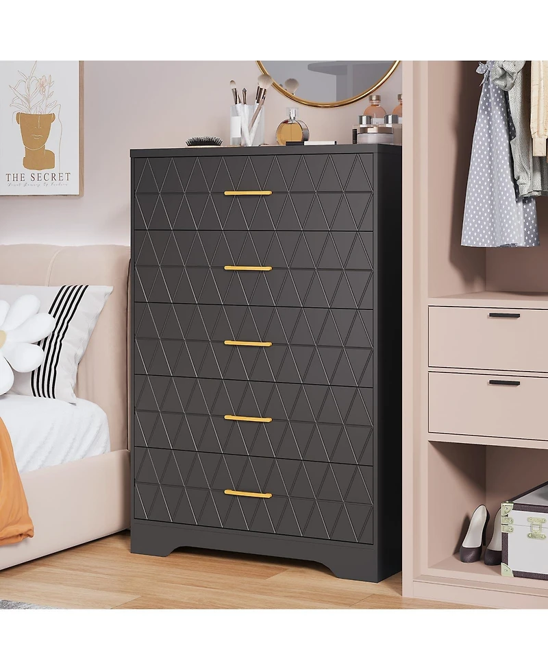 gaomon 5 Drawer Dresser for Bedroom with Gold Handles, Tall Wood Chest Storage Cabinet Organizer
