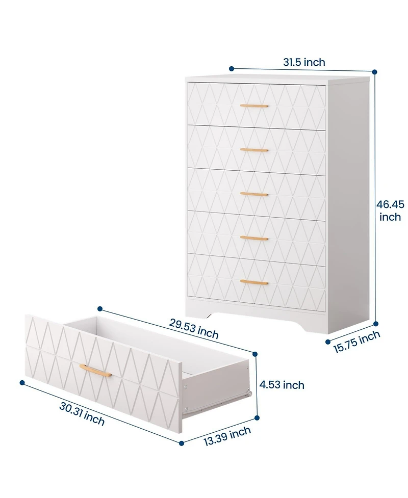 gaomon 5 Drawer Dresser for Bedroom with Gold Handles, Tall Wood Chest Storage Cabinet Organizer