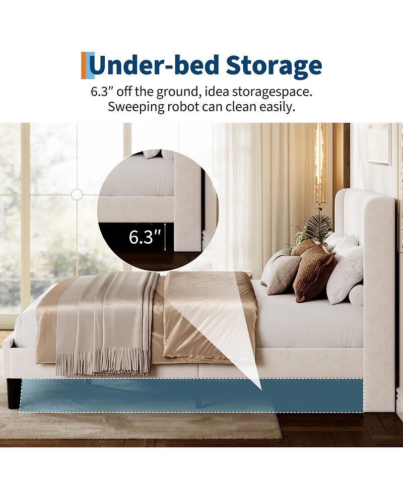 gaomon Bed Frame with Velvet Wingback Headboard, Vertical Tufting
