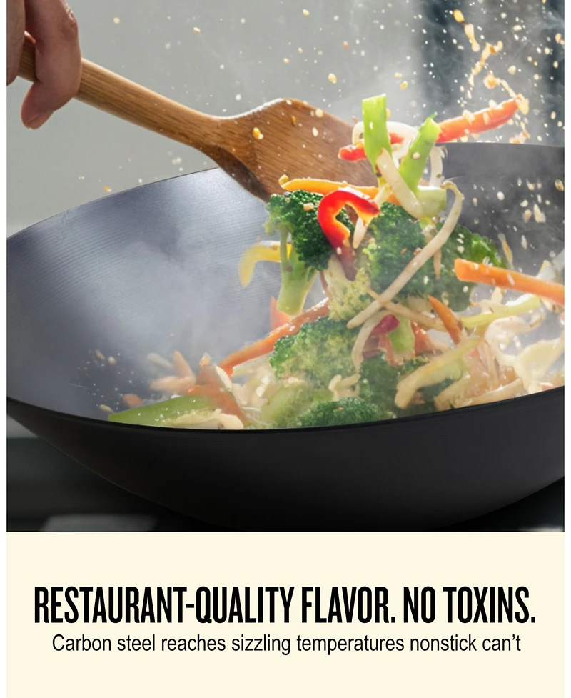 Alva Forest 12” Carbon Steel Wok Pan - Stay-Cool Acacia Handle