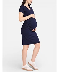 Motherhood Maternity Women's V-Neck Short Sleeve Side Ruched Bodycon Mini Dress