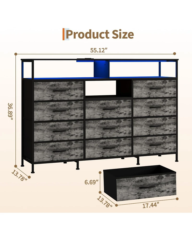 gaomon 11 Drawer Fabric Dresser with Led Lights and Power Outlet, Storage Cabinet Open Shelves