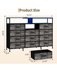 gaomon 11 Drawer Fabric Dresser with Led Lights and Power Outlet, Storage Cabinet Open Shelves