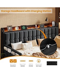 gaomon Twin Bed Frame Daybed with Trundle - Led Light and Charging Station, Upholstered Sofa Storage Headboard