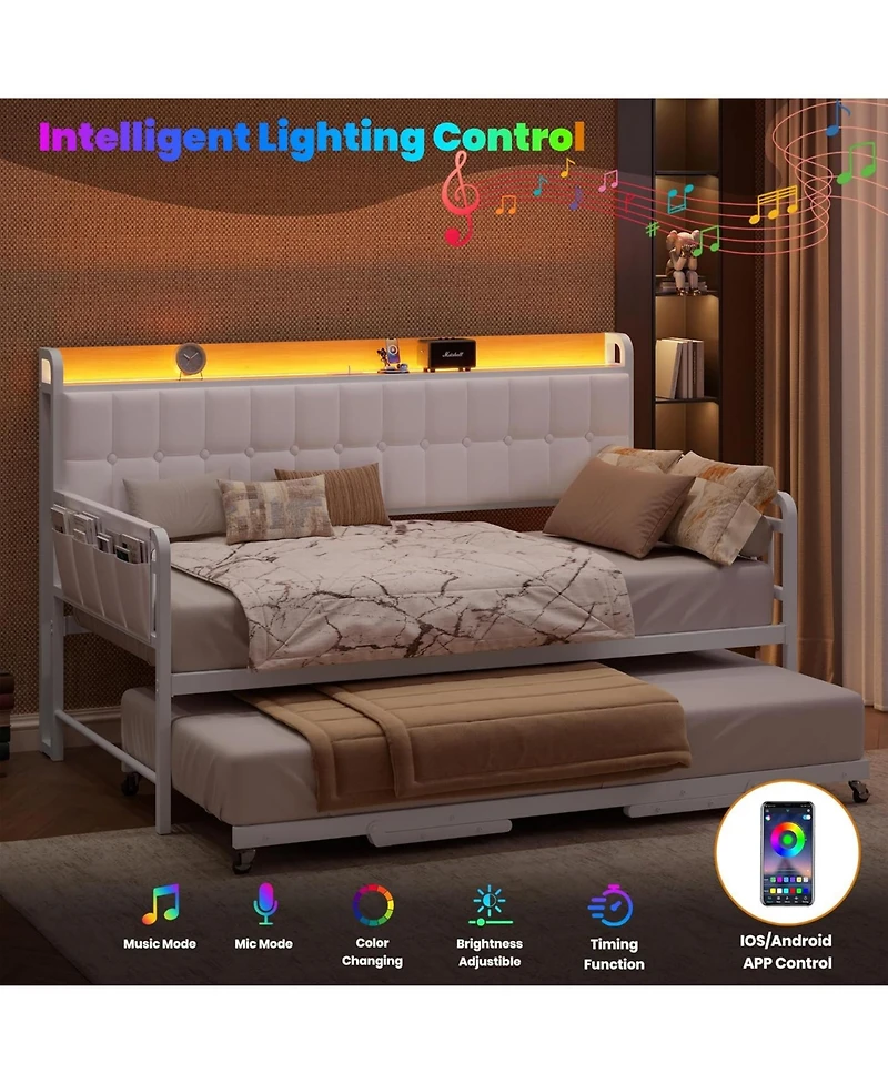 gaomon Twin Bed Frame Daybed with Trundle - with Led Light and Charging Station, Upholstered Sofa Bed with Storage Headboard
