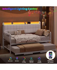 gaomon Twin Bed Frame Daybed with Trundle - with Led Light and Charging Station, Upholstered Sofa Bed with Storage Headboard