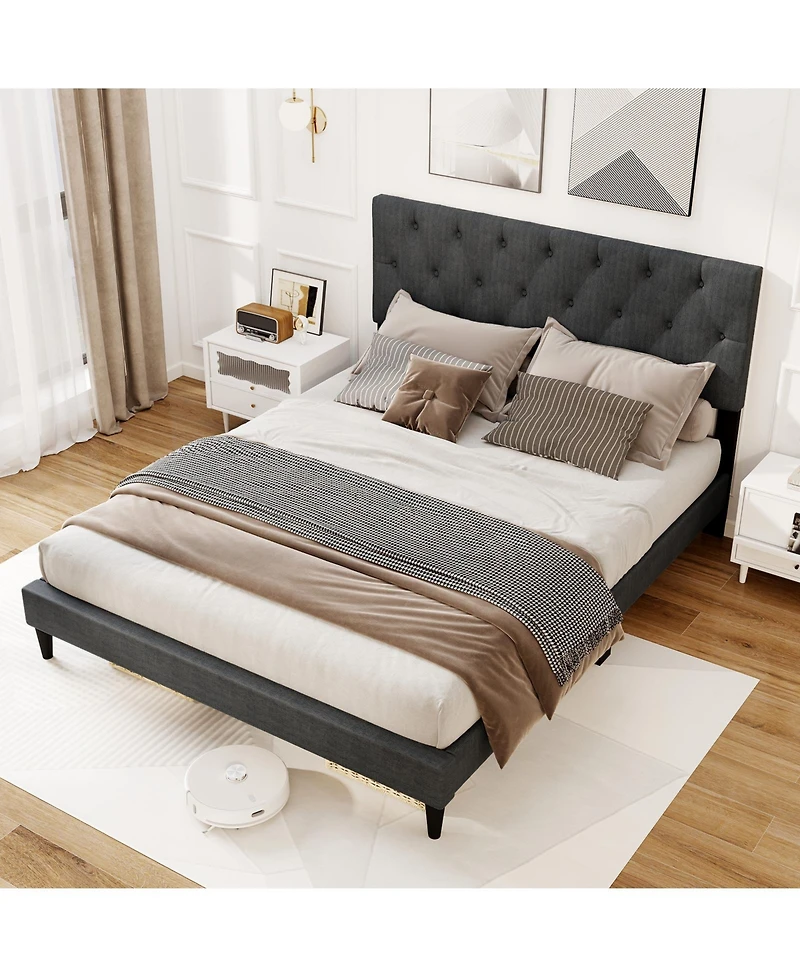 Slickblue Platform Bed Frame with Upholstered Tufted Headboard and Slats