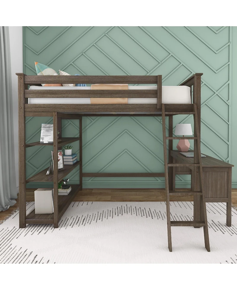 Max and Lily Full High Loft Bed with Desk, Ladder Bookcase, Solid Wood Frame, Space Saving, 400 lbs Weight Capacity, Easy Assembly
