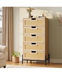 gaomon Rattan 5-Drawer Tall Dresser, Wooden Chest with Deep Drawers and Sturdy Legs, Versatile Cabinet for Bedroom
