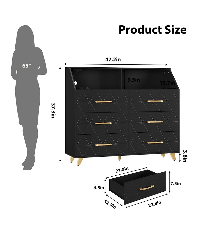 gaomon 6 Drawer Dresser with Charging Station, Shelf and Led Light, 47 inches Modern Wooden Chest